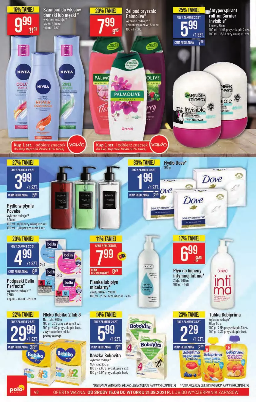 Gazetka promocyjna PoloMarket - Gazetka pomocyjna - ważna 15.09 do 21.09.2021 - strona 48 - produkty: Bebiko, Bebiprima, Bell, Bella, BoboVita, Fa, Garnier, HiPP, LG, Mleko, Mydło, Mydło w płynie, Nivea, Perfecta, Podpaski, Prima, Rum, Szampon, Ziaja