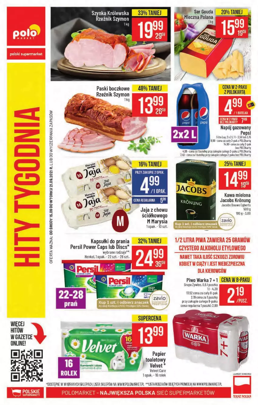 Gazetka promocyjna PoloMarket - Gazetka pomocyjna - ważna 15.09 do 21.09.2021 - strona 58 - produkty: Gouda, Gra, Jacobs, Jaja, Kapsułki do prania, Kawa, Kawa mielona, LANA, Laur, Napój, Napój gazowany, Papier, Pepsi, Persil, Piwo, Rama, Ser, Velvet, Warka