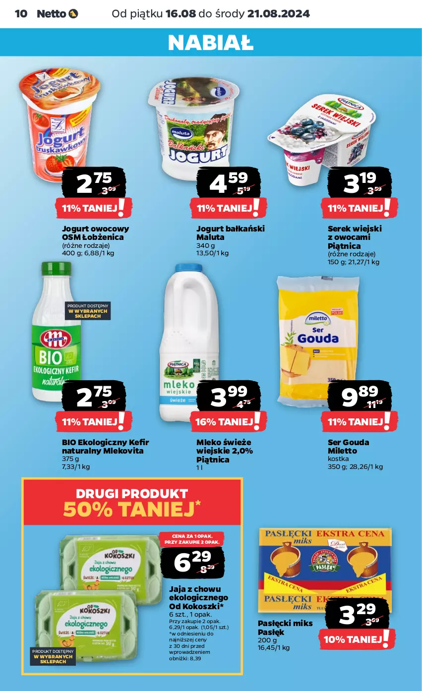 Gazetka promocyjna Netto - Artykuły spożywcze - ważna 16.08 do 21.08.2024 - strona 10 - produkty: Gouda, Jaja, Jogurt, Jogurt owocowy, Kokos, Kosz, Mleko, Mlekovita, Piątnica, Ser, Serek, Serek wiejski