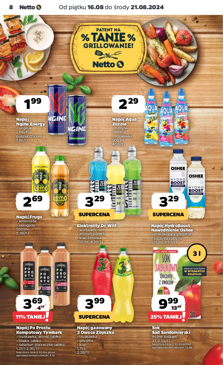 Gazetka promocyjna Netto - Artykuły spożywcze - ważna 16.08 do 21.08.2024 - strona 8 - produkty: Ananas, Aronia, Gin, Grejpfrut, Kiwi, Lemoniada, Limonka, Napój, Napój gazowany, Oshee, Owoce, Pomelo, Por, Sok, Tymbark