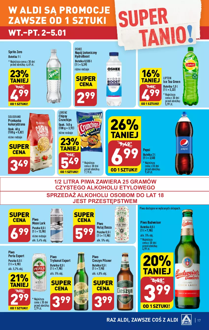 Gazetka promocyjna Aldi - Pełna oferta - ważna 02.01 do 05.01.2023 - strona 17 - produkty: Chipsy, Crunchips, Gra, Ice tea, Lipton, Lorenz, Napój, Napój izotoniczny, Oshee, Pepsi, Perła, Piwa, Piwo, Por, Ser, Soligrano, Sprite