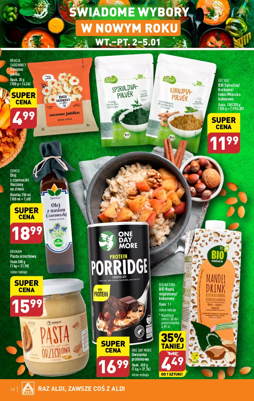 Gazetka promocyjna Aldi - Pełna oferta - ważna 02.01 do 05.01.2023 - strona 18 - produkty: Imbir, Jabłka, Kokos, Kurkuma, Mleczko, Napój, Olej, Olej z czarnuszki, Owsianka