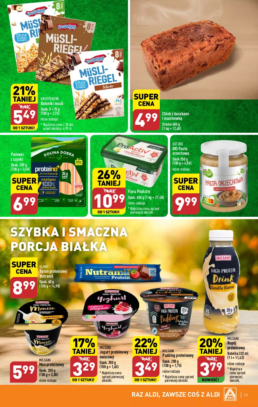 Gazetka promocyjna Aldi - Pełna oferta - ważna 02.01 do 05.01.2023 - strona 19 - produkty: Baton, Chleb, Flora, Jogurt, Mus, Napój, Parówki, Parówki z szynki, Por, Pudding, Tonik