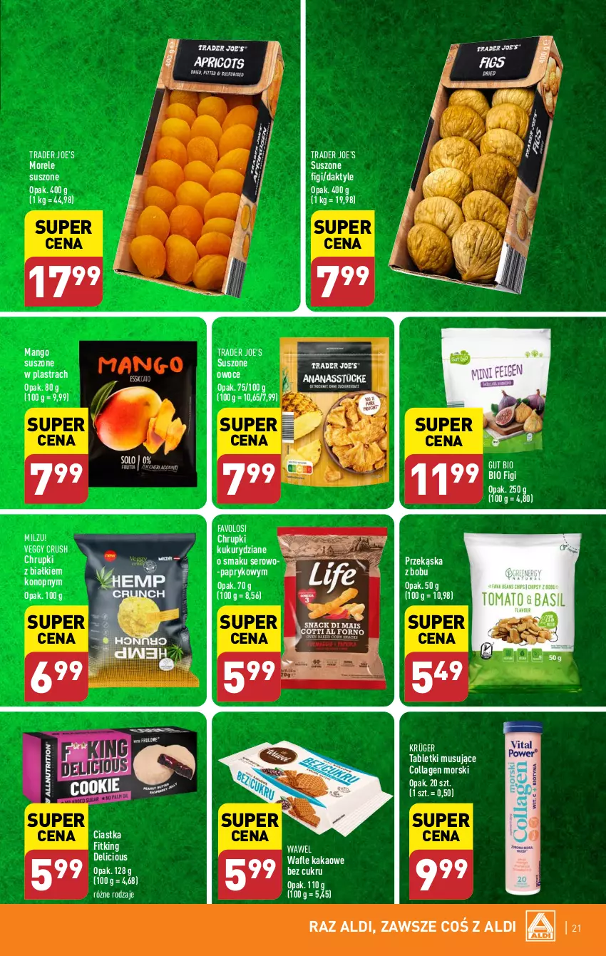 Gazetka promocyjna Aldi - Pełna oferta - ważna 02.01 do 05.01.2023 - strona 21 - produkty: Chrupki, Ciastka, Daktyle, Fa, Figi, Kakao, Mango, Mango suszone, Milzu, Mus, Owoce, Ser, Tablet, Tabletki musujące, Wafle, Wawel