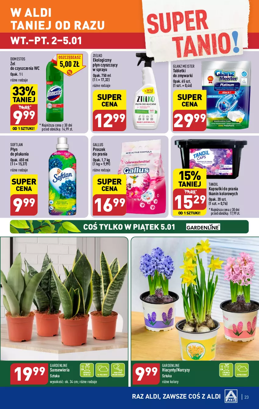 Gazetka promocyjna Aldi - Pełna oferta - ważna 02.01 do 05.01.2023 - strona 23 - produkty: Domestos, Hiacynt, Kapsułki do prania, Narcyz, Płyn do płukania, Proszek do prania, Sok, Tablet, Tabletki do zmywarki, Zmywarki