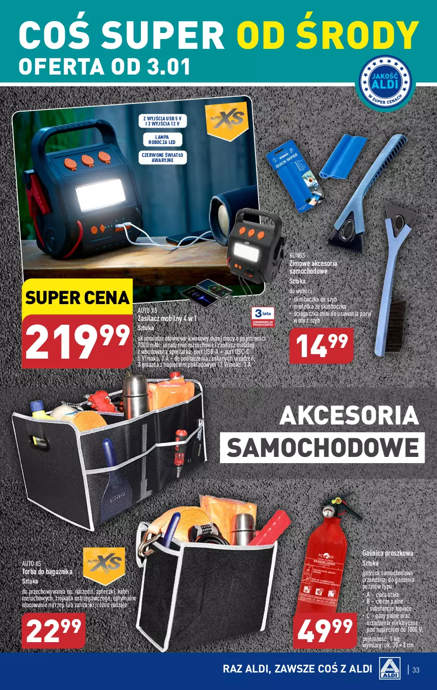 Gazetka promocyjna Aldi - Pełna oferta - ważna 02.01 do 05.01.2023 - strona 33 - produkty: Akumulator, Gaśnica, Lampa, Lampa robocza LED, Mobil, O Bag, Por, Silan, Skrobaczka, Skrobaczka do szyb, Top, Torba