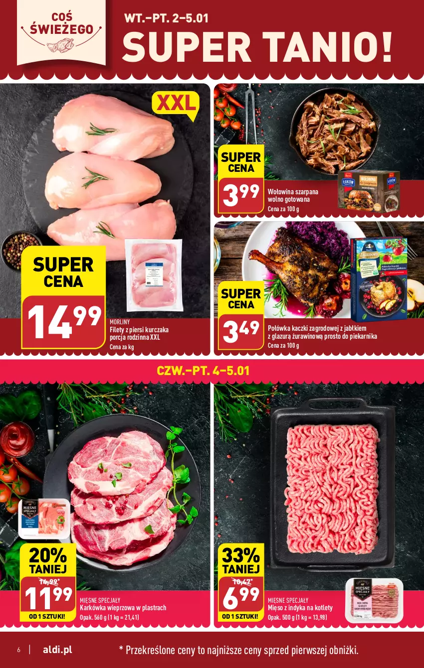 Gazetka promocyjna Aldi - Pełna oferta - ważna 02.01 do 05.01.2023 - strona 6 - produkty: Karkówka wieprzowa, Kotlet, Kurczak, Lazur, Mięsne specjały, Mięso, Mięso z indyka, Morliny, Piekarnik, Por, Wino, Wołowina