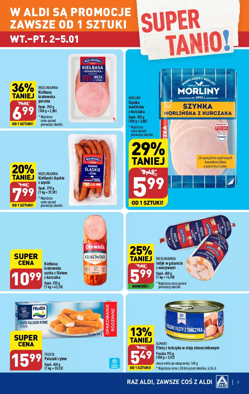 Gazetka promocyjna Aldi - Pełna oferta - ważna 02.01 do 05.01.2023 - strona 7 - produkty: Frosta, Gala, Kiełbasa, Kiełbasa krakowska, Kiełbaski śląskie, Kurczak, Morliny, Olej, Paluszki rybne, Szynka, Tuńczyk, Warzywa