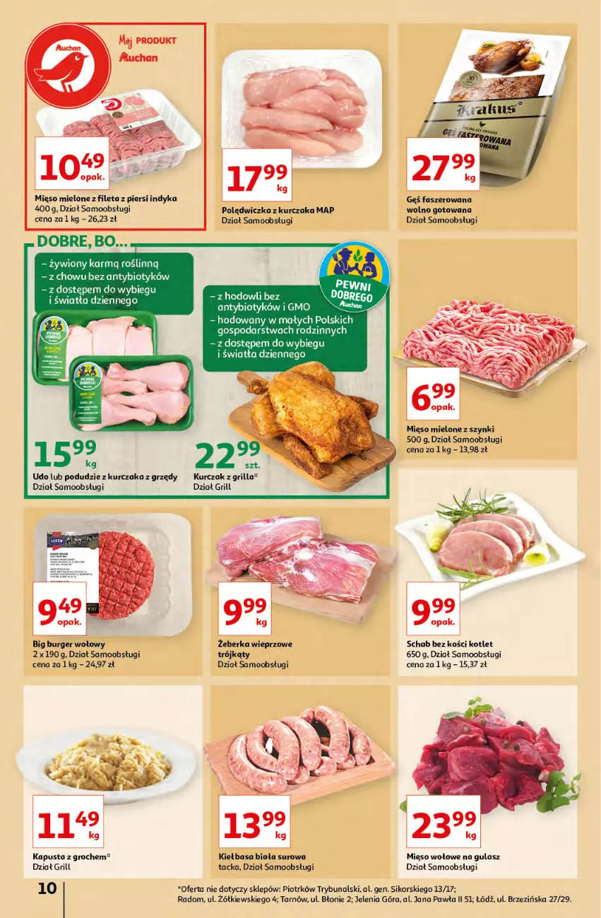 Gazetka promocyjna Auchan - przeNISKIE CENY prze smacznego Dnia Kobiet Hipermarkety - ważna 03.03 do 09.03.2022 - strona 10 - produkty: Burger, Fa, Grill, Groch, Kiełbasa, Kiełbasa biała, Kotlet, Kurczak, Mięso, Mięso mielone, Mięso mielone z szynki, Mięso wołowe, Podudzie z kurczaka, Schab bez kości