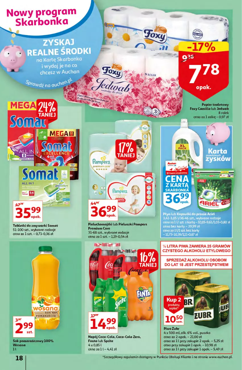 Gazetka promocyjna Auchan - przeNISKIE CENY prze smacznego Dnia Kobiet Hipermarkety - ważna 03.03 do 09.03.2022 - strona 18 - produkty: Coca-Cola, Fa, Fanta, Foxy, Gra, Majtki, Napój, Pampers, Papier, Papier toaletowy, Pieluchomajtki, Piwa, Piwo, Sok, Sok pomarańczowy, Somat, Sprite, Tablet, Tabletki do zmywarki, Wosana, Zmywarki