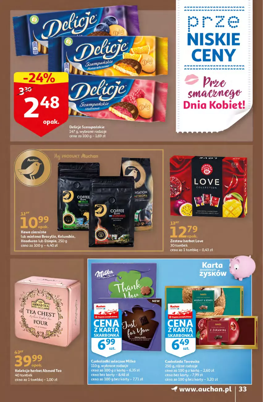 Gazetka promocyjna Auchan - przeNISKIE CENY prze smacznego Dnia Kobiet Hipermarkety - ważna 03.03 do 09.03.2022 - strona 33 - produkty: Czekolada, Delicje, Kawa, Kawa ziarnista, Milka