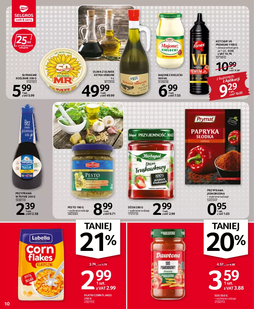 Gazetka promocyjna Selgros - Oferta spożywcza - ważna 28.07 do 10.08.2022 - strona 10 - produkty: Corn flakes, Dżem, Gin, Ketchup, Majonez, Oliwa z oliwek, Pesto, Przyprawa w płynie, Słynne, Słynne MR Roślinne, Sos