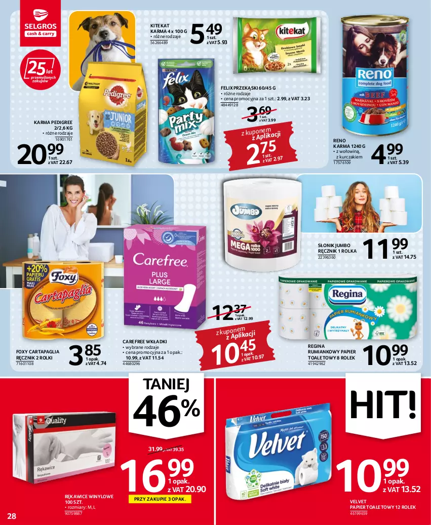 Gazetka promocyjna Selgros - Oferta spożywcza - ważna 28.07 do 10.08.2022 - strona 28 - produkty: Carefree, Felix, Foxy, Gin, KiteKat, Kurczak, Papier, Papier toaletowy, Pedigree, Ręcznik, Rękawice, Rolki, Rum, Velvet, Wkładki