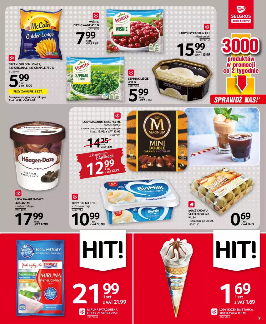 Gazetka promocyjna Selgros - Oferta spożywcza - ważna 28.07 do 10.08.2022 - strona 7 - produkty: Big Milk, Frytki, Gin, Gry, Jaja, Lody, Miruna, Szpinak, Tago