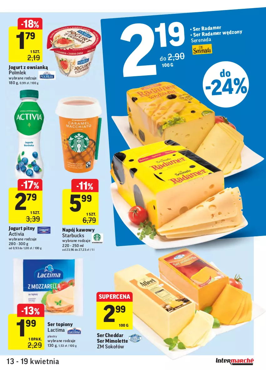 Gazetka promocyjna Intermarche - Gazetka tygodnia - ważna 13.04 do 19.04.2021 - strona 21 - produkty: Activia, Cheddar, Jogurt, Jogurt pitny, Mimolette, Napój, POLMLEK, Radamer, Ser, Ser topiony, Sok, Sokołów, Top