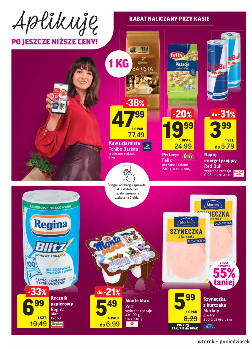 Gazetka promocyjna Intermarche - Gazetka tygodnia - ważna 13.04 do 19.04.2021 - strona 24 - produkty: Felix, Gin, Kawa, Kawa ziarnista, Kurczak, Monte, Morliny, Napój, Papier, Pistacje, Ręcznik, Red Bull, Tchibo, Tchibo Barista, Zott