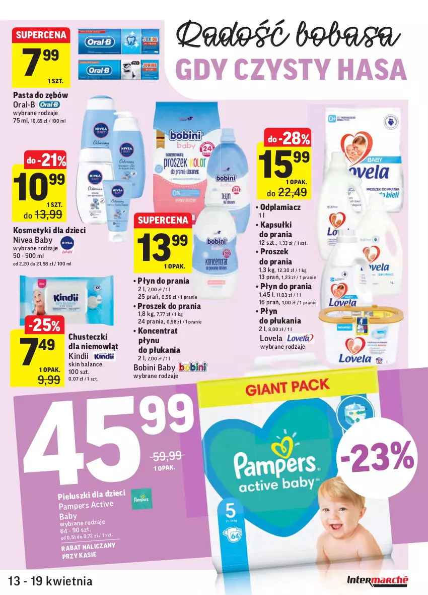 Gazetka promocyjna Intermarche - Gazetka tygodnia - ważna 13.04 do 19.04.2021 - strona 33 - produkty: Chusteczki, Dzieci, Kapsułki do prania, Kindii, Kosmetyki dla dzieci, Lovela, Nivea, Nivea Baby, Odplamiacz, Pampers, Pasta do zębów, Płyn do płukania, Płyn do prania, Proszek do prania