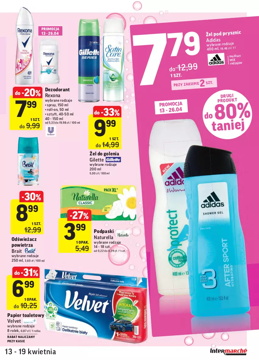 Gazetka promocyjna Intermarche - Gazetka tygodnia - ważna 13.04 do 19.04.2021 - strona 35 - produkty: Adidas, Dezodorant, Naturell, Naturella, Odświeżacz powietrza, Papier, Papier toaletowy, Podpaski, Rexona, Velvet