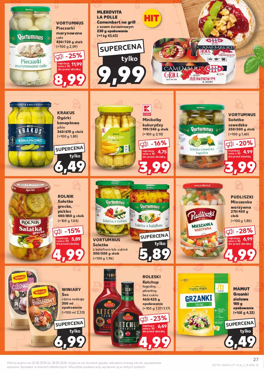 Gazetka promocyjna Kaufland - Gazetka tygodnia - ważna 23.05 do 28.05.2024 - strona 27 - produkty: Camembert, Grill, Kalafior, Ketchup, Krakus, Mieszanka warzyw, Mleko, Mlekovita, Piec, Pudliszki, Rolnik, Sałat, Sałatka, Sos, Winiary, Wino