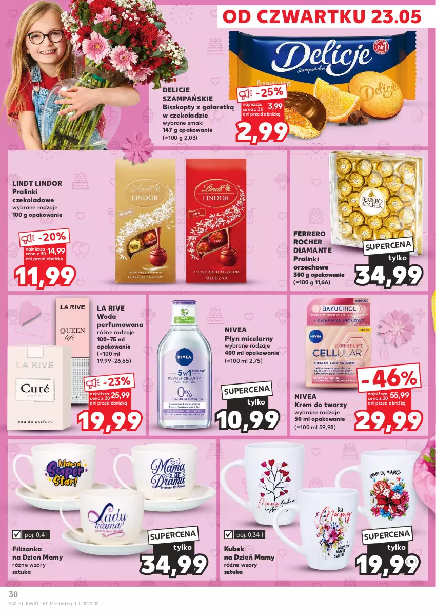 Gazetka promocyjna Kaufland - Gazetka tygodnia - ważna 23.05 do 28.05.2024 - strona 30 - produkty: Biszkopty, Delicje, Diamant, Ferrero, Ferrero Rocher, Filiżanka, Gala, Krem do twarzy, Kubek, La Rive, Lindor, Lindt, Nivea, Perfum, Płyn micelarny, Woda, Woda perfumowana