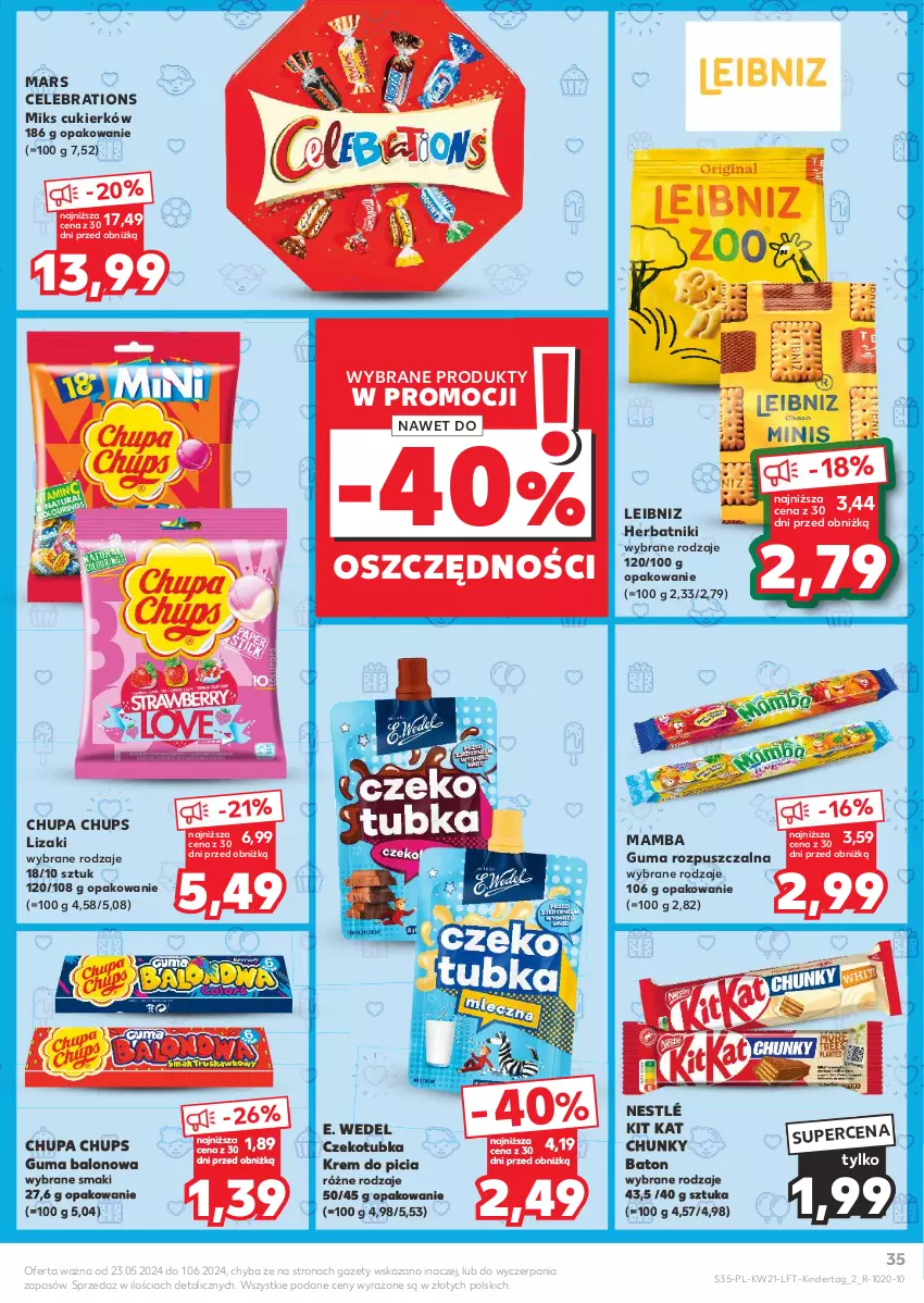 Gazetka promocyjna Kaufland - Gazetka tygodnia - ważna 23.05 do 28.05.2024 - strona 35 - produkty: Baton, Chupa Chups, Cukier, E. Wedel, Guma rozpuszczalna, Herbatniki, Kinder, Kit Kat, Lizaki, Mamba, Mars, Nestlé