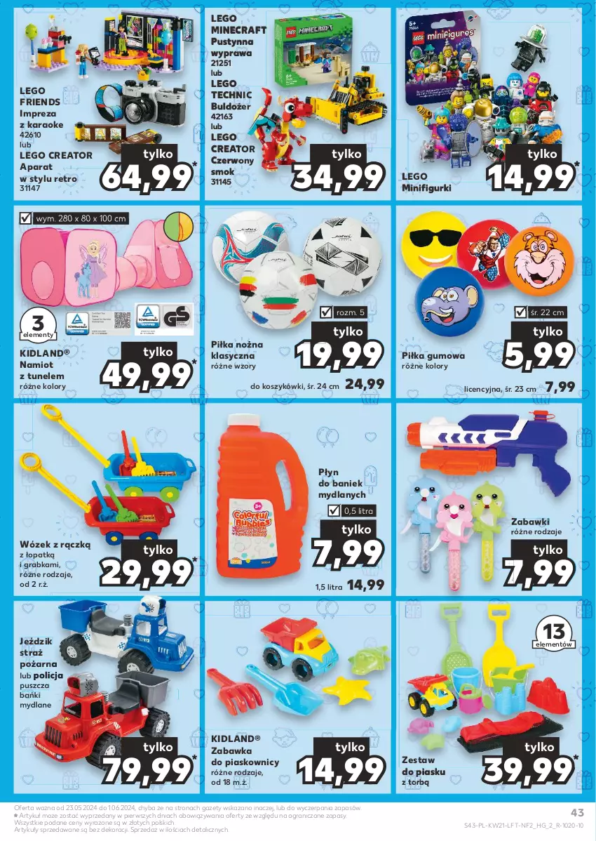 Gazetka promocyjna Kaufland - Gazetka tygodnia - ważna 23.05 do 28.05.2024 - strona 43 - produkty: Buldożer, Gra, Kosz, LEGO, LEGO Creator, LEGO Friends, LEGO Minecraft, LEGO Technic, Minecraft, Namiot, Noż, Piłka nożna, Straż pożarna, Tunel, Wózek, Zabawka