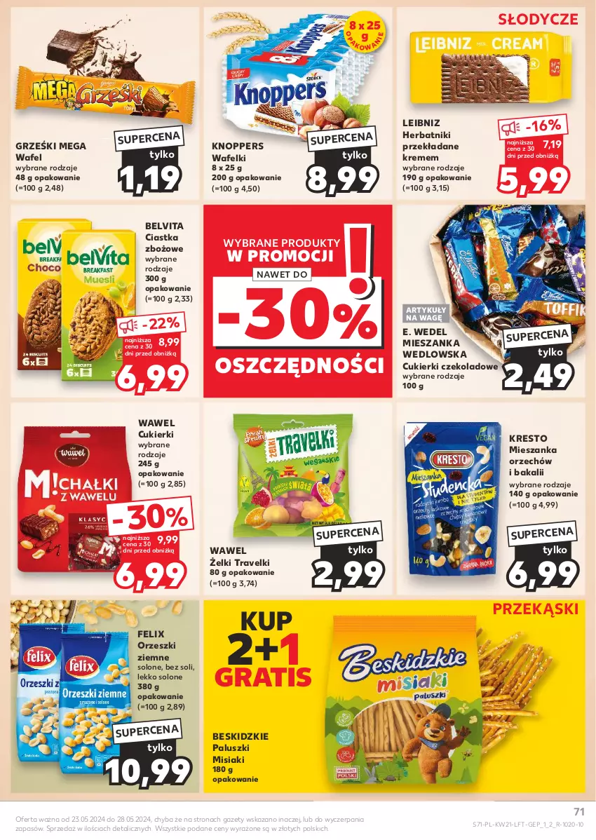 Gazetka promocyjna Kaufland - Gazetka tygodnia - ważna 23.05 do 28.05.2024 - strona 71 - produkty: BelVita, Beskidzki, Beskidzkie paluszki, Ciastka, Cukier, Cukierki, Cukierki czekoladowe, E. Wedel, Felix, Gra, Grześki, Herbatniki, Knoppers, Orzeszki, Orzeszki ziemne, Vita C, Wawel