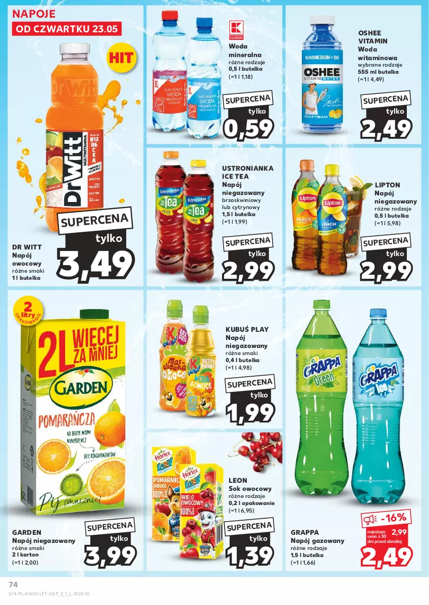 Gazetka promocyjna Kaufland - Gazetka tygodnia - ważna 23.05 do 28.05.2024 - strona 74 - produkty: Gra, Grappa, Ice tea, Kubuś, Leon, Lipton, Napój, Napój gazowany, Napój niegazowany, Napoje, Oshee, Sok, Woda, Woda mineralna