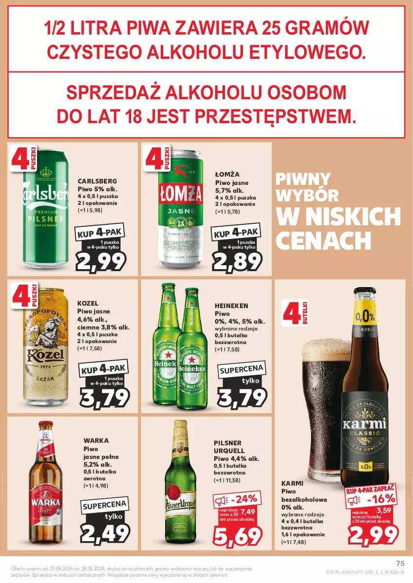 Gazetka promocyjna Kaufland - Gazetka tygodnia - ważna 23.05 do 28.05.2024 - strona 75 - produkty: Carlsberg, Gra, Heineken, Karmi, Kozel, Pilsner Urquell, Piwa, Piwo, Piwo jasne, Warka