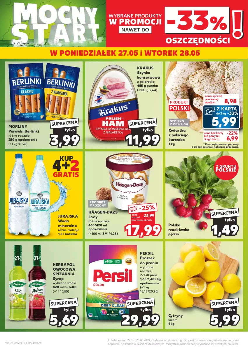 Gazetka promocyjna Kaufland - Gazetka tygodnia - ważna 23.05 do 28.05.2024 - strona 98 - produkty: Berlinki, Cytryny, Gala, Gra, Grunt, Herbapol, Krakus, Kurczak, Lody, Morliny, Parówki, Persil, Proszek do prania, Rzodkiewka, Ser, Syrop, Szynka, Szynka konserwowa, Woda, Woda mineralna