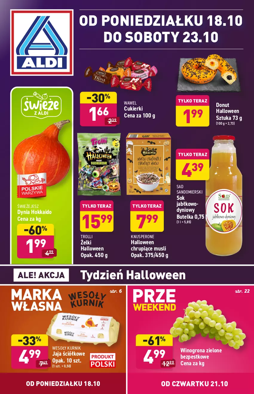 Gazetka promocyjna Aldi - ważna 18.10 do 23.10.2021 - strona 1 - produkty: Cukier, Cukierki, Donut, Jaja, Mus, Sok, Tera, Wawel, Wino, Winogrona