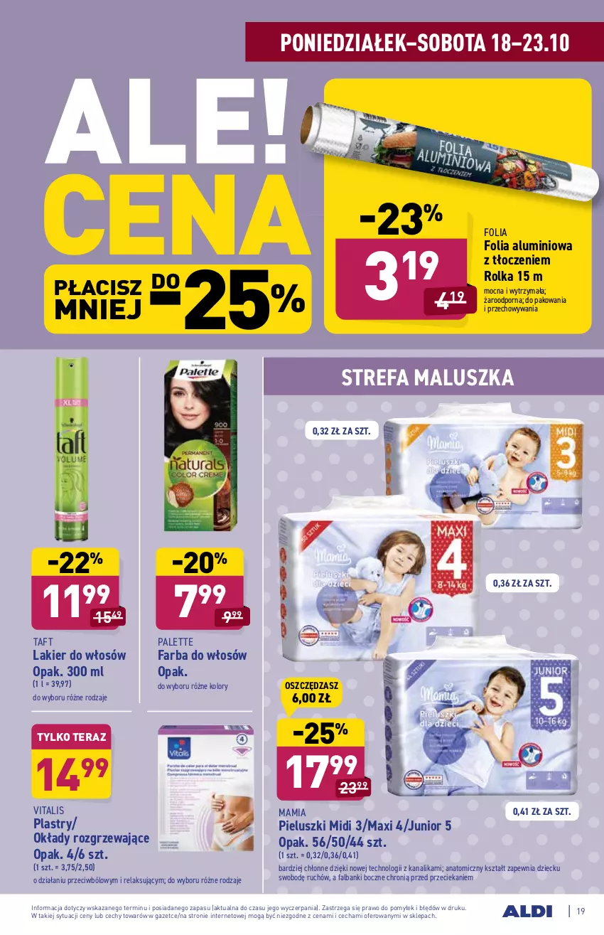 Gazetka promocyjna Aldi - ważna 18.10 do 23.10.2021 - strona 19 - produkty: Atomic, Fa, Farba do włosów, Folia aluminiowa, Lakier, Lakier do włosów, Palette, Por, Taft, Tera