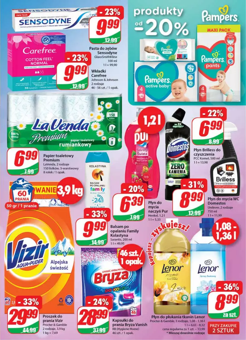 Gazetka promocyjna Dino - Gazetka - ważna 15.06 do 21.06.2022 - strona 23 - produkty: Bryza, Carefree, Domestos, Fa, Kapsułki do prania, Lenor, Papier, Papier toaletowy, Pasta do zębów, Płyn do mycia, Płyn do płukania, Proszek do prania, Rum, Sensodyne, Vanish, Vizir, Wkładki