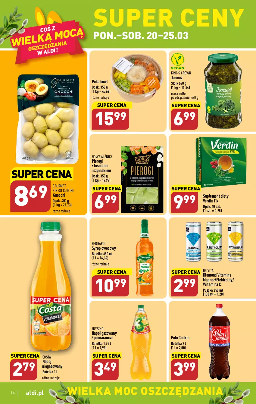 Gazetka promocyjna Aldi - Pełen katalog - ważna 20.03 do 25.03.2023 - strona 14 - produkty: Dr Vita, Gnocchi, Herbapol, Jarmuż, Magnez, Napój, Napój gazowany, Napój niegazowany, Pierogi, Pomarańcze, Sos, Suplement diety, Syrop, Szpinak