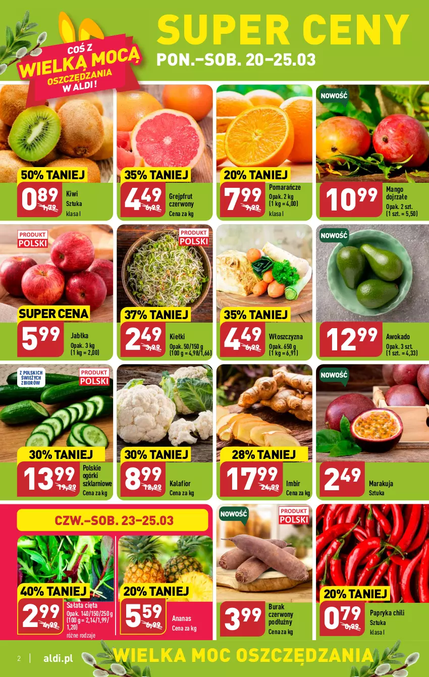 Gazetka promocyjna Aldi - Pełen katalog - ważna 20.03 do 25.03.2023 - strona 2 - produkty: Ananas, Grejpfrut, Imbir, Jabłka, Kalafior, Kiełki, Kiwi, Mango, Papryka, Pomarańcze, Sałat