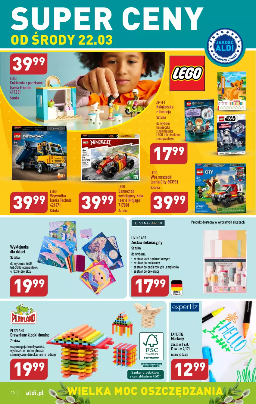 Gazetka promocyjna Aldi - Pełen katalog - ważna 20.03 do 25.03.2023 - strona 28 - produkty: Cukier, Drewniane klocki, Dzieci, Klej, Klocki, Lampion, LEGO, Marker, Papier, Samochód, Ser, Wóz strażacki, Wywrotka