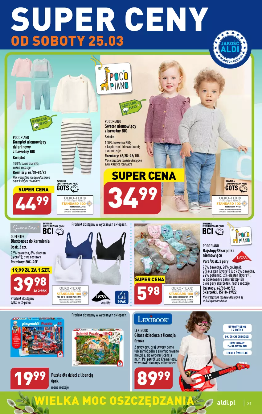 Gazetka promocyjna Aldi - Pełen katalog - ważna 20.03 do 25.03.2023 - strona 31 - produkty: Biustonosz, Dzieci, Gitara, Gra, Gry, Karmi, Karp, Mikrofon, Pocopiano, Psi Patrol, Puzzle, Queentex, Rajstopy, Skarpetki, Sweter, Top, Wełna