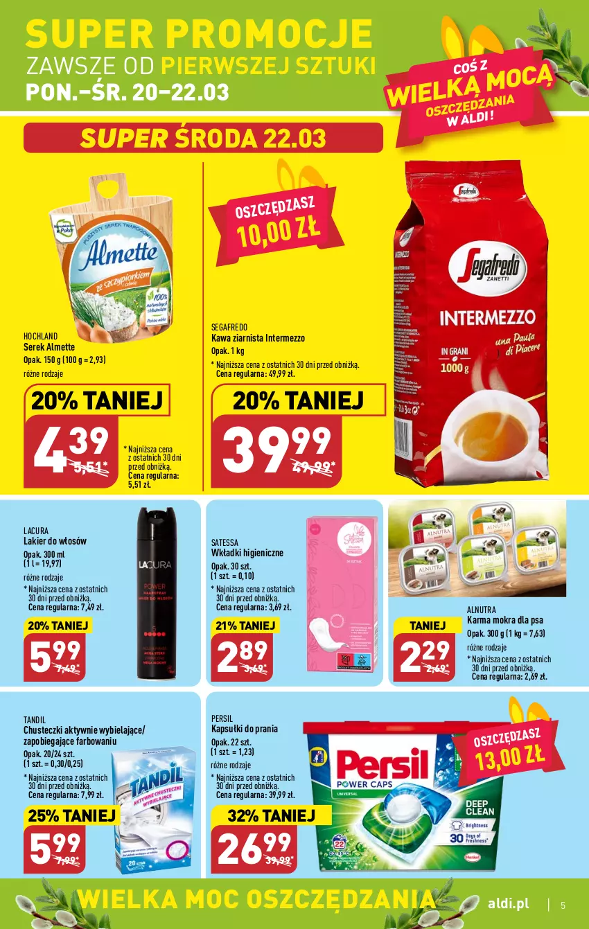 Gazetka promocyjna Aldi - Pełen katalog - ważna 20.03 do 25.03.2023 - strona 5 - produkty: Almette, Chusteczki, Fa, Hochland, Kapsułki do prania, Kawa, Kawa ziarnista, Lakier, Lakier do włosów, Persil, Segafredo, Ser, Serek, Wkładki