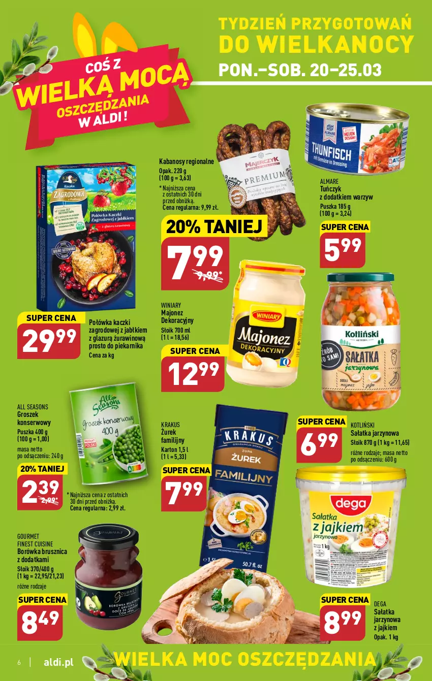 Gazetka promocyjna Aldi - Pełen katalog - ważna 20.03 do 25.03.2023 - strona 6 - produkty: All Seasons, Borówka, Borówka brusznica, Dega, Fa, Groszek, Kabanos, Krakus, Lazur, Majonez, Piekarnik, Sałat, Sałatka, Ser, Tuńczyk, Winiary, Wino