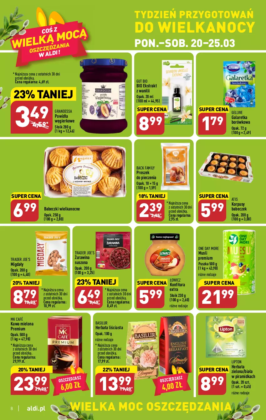 Gazetka promocyjna Aldi - Pełen katalog - ważna 20.03 do 25.03.2023 - strona 8 - produkty: Babeczki, Fa, Gala, Galaretka, Gra, Herbata, Kawa, Kawa mielona, Konfitura, Korpusy, Lipton, Migdały, Mus, Piec, Proszek do pieczenia