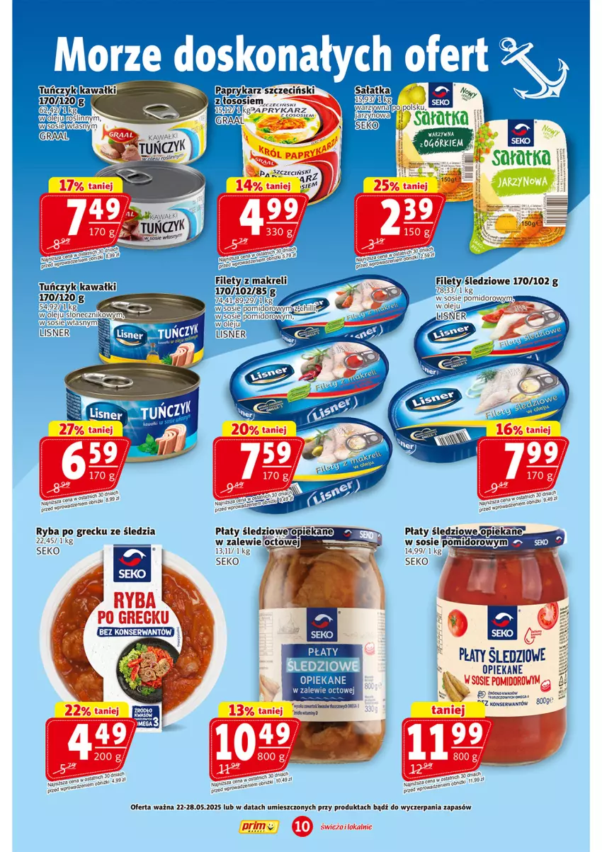 Gazetka promocyjna Prim Market - ważna 22.05 do 28.05.2025 - strona 10 - produkty: Fa, Kawa, Lisner, Olej, Papryka, Paprykarz, Płaty śledziowe, Ryba, Ryba po grecku, Sałat, Sałatka, SEKO, Ser, Sos, Tuńczyk