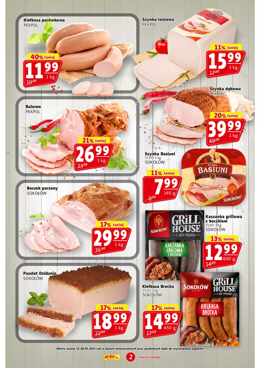 Gazetka promocyjna Prim Market - ważna 22.05 do 28.05.2025 - strona 2 - produkty: Boczek, Grill, Kasza, Kaszanka, Kiełbasa, Pekpol, Sok, Sokołów, Szynka