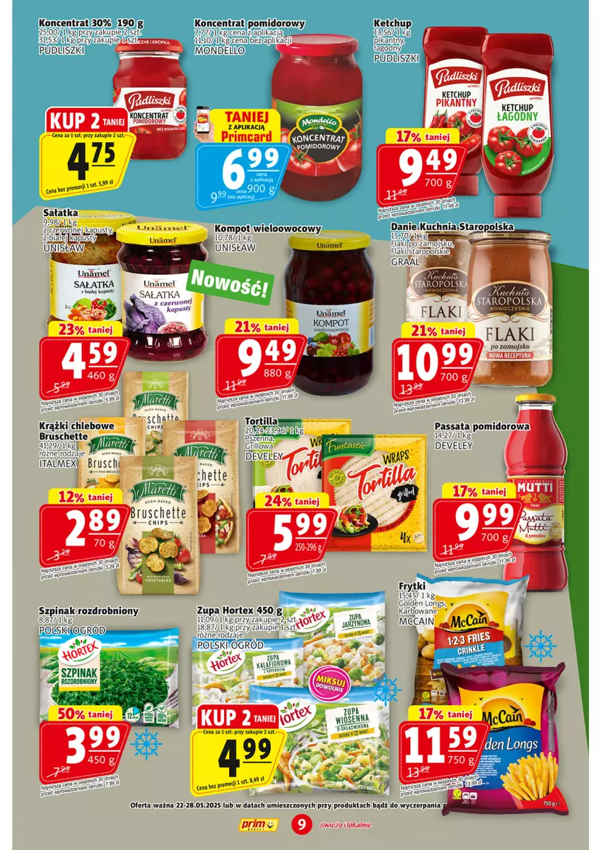 Gazetka promocyjna Prim Market - ważna 22.05 do 28.05.2025 - strona 9 - produkty: Bruschette, Dell, Fa, Frytki, Grill, Hortex, Ketchup, Koncentrat pomidorowy, Ogród, Pudliszki, Sałat, Sałatka, Szpinak, Zupa