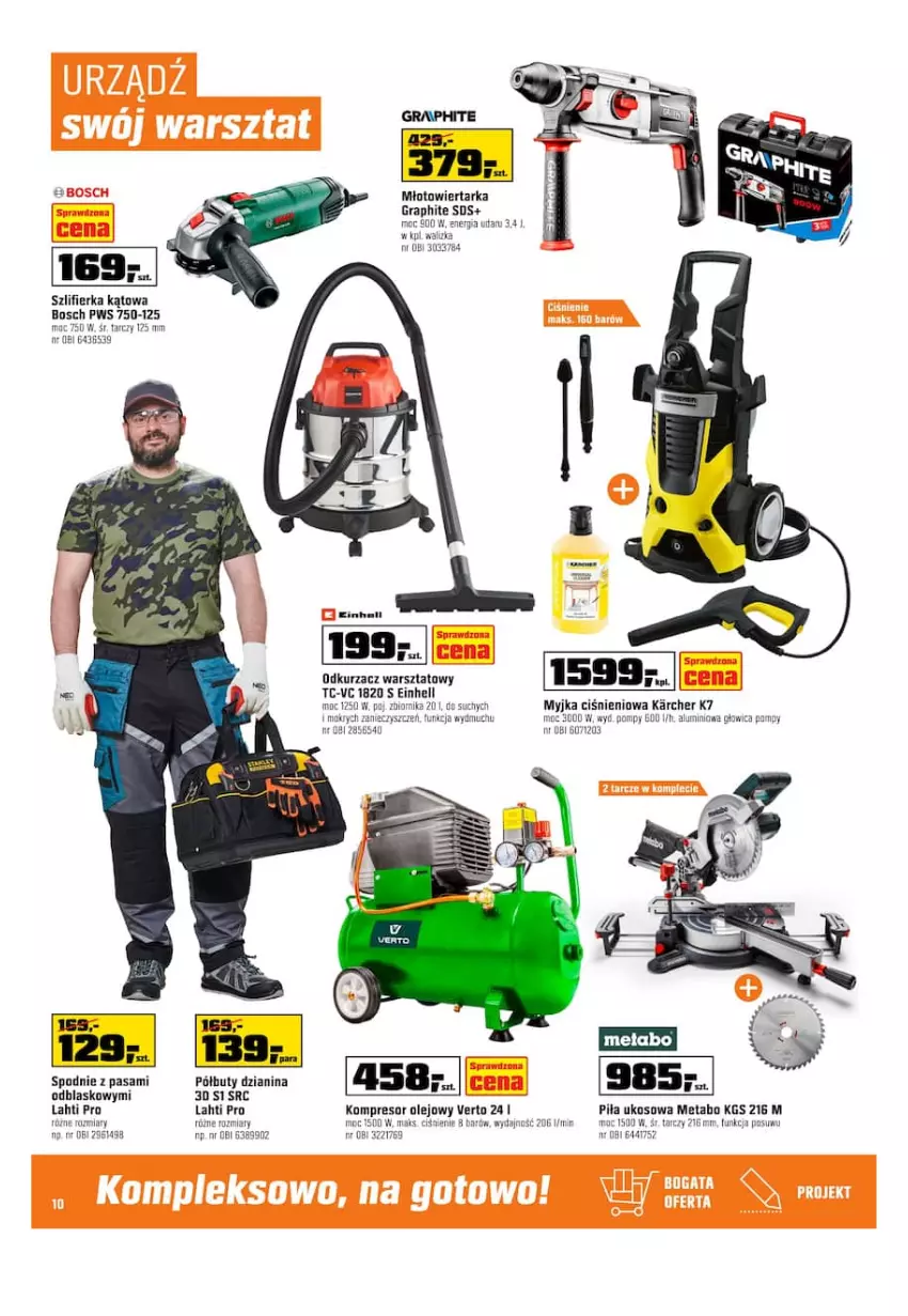 Gazetka promocyjna Obi - Gazetka OBI - ważna 13.07 do 26.07.2022 - strona 10 - produkty: Bosch, Buty, Einhell, Gra, Kompresor, Młot, Młotowiertarka, Myjka ciśnieniowa, Odkurzacz, Odkurzacz warsztatowy, Olej, Piła ukosowa, Półbuty, Spodnie, Szlifierka, Szlifierka kątowa, Tarka, Wiertarka