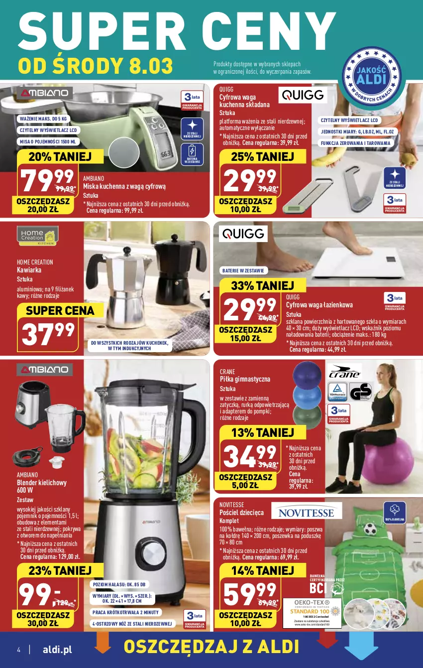 Gazetka promocyjna Aldi - COŚ na przyszły tydzień - ważna 08.03 do 11.03.2023 - strona 4 - produkty: Bateria, Blender, Dzieci, Gra, Kawiarka, LANA, Miska, Nuty, Pojemnik, Pokrywa, Pościel, Poszewka, Sok, Waga, Waga łazienkowa, Wełna