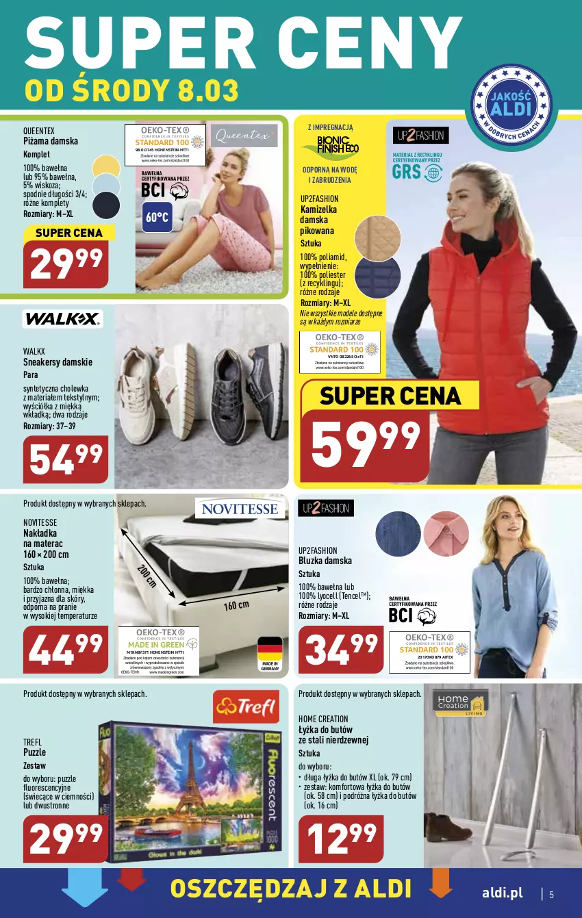 Gazetka promocyjna Aldi - COŚ na przyszły tydzień - ważna 08.03 do 11.03.2023 - strona 5 - produkty: Fa, Kamizelka, Materac, Piżama, Por, Puzzle, Queentex, Sneakersy, Sok, Spodnie, Tera, Wełna