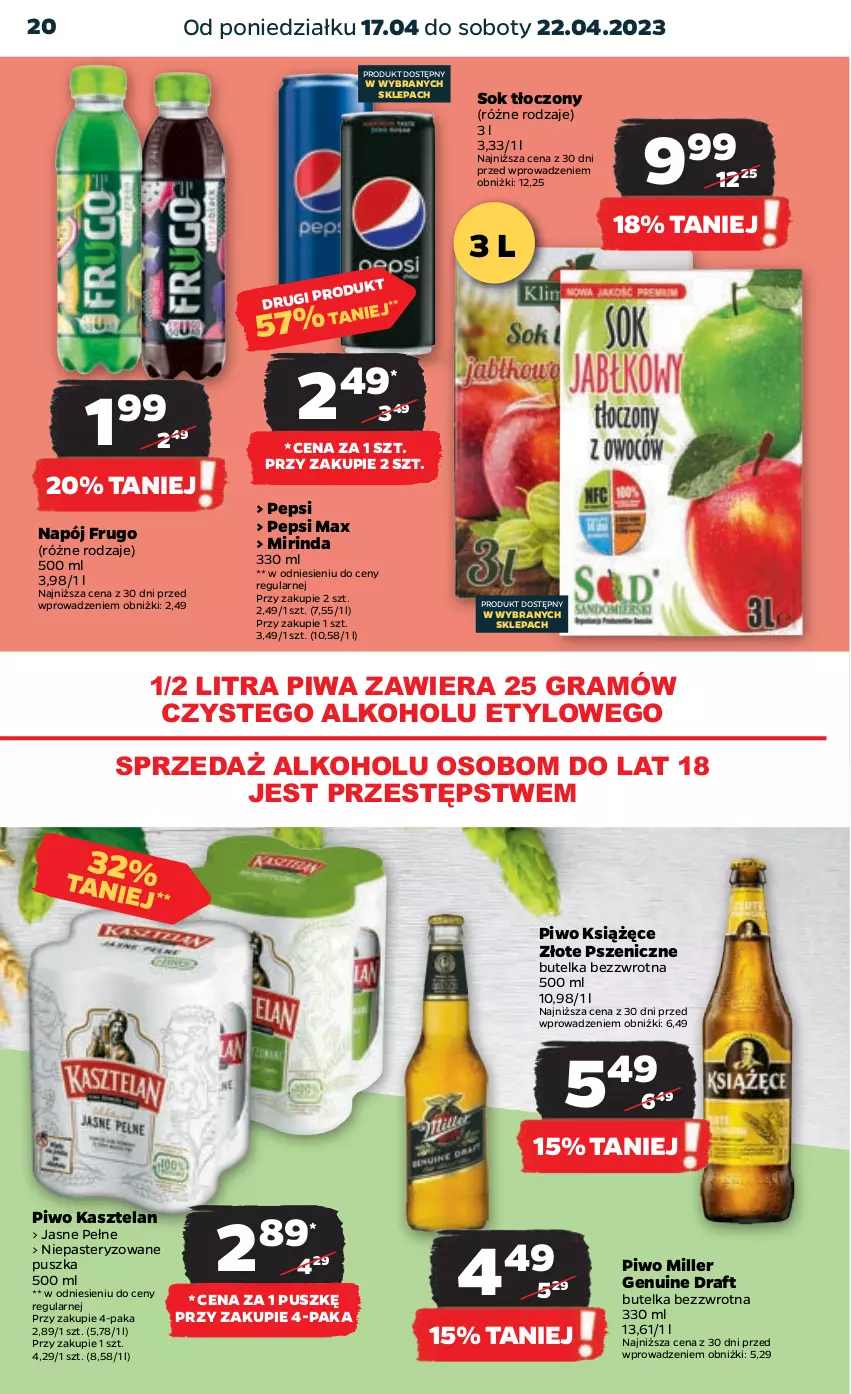 Gazetka promocyjna Netto - Artykuły spożywcze - ważna 17.04 do 22.04.2023 - strona 20 - produkty: Gra, Kasztelan, Książęce, Mirinda, Napój, Pepsi, Pepsi max, Piwa, Piwo, Sok