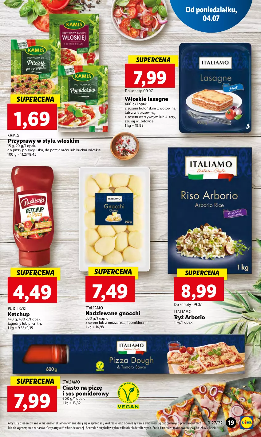 Gazetka promocyjna Lidl - GAZETKA - ważna 04.07 do 06.07.2022 - strona 19 - produkty: Gnocchi, Kamis, Ketchup, Lasagne, Przyprawy, Pudliszki, Ryż, Ser, Sos, Sos pomidorowy