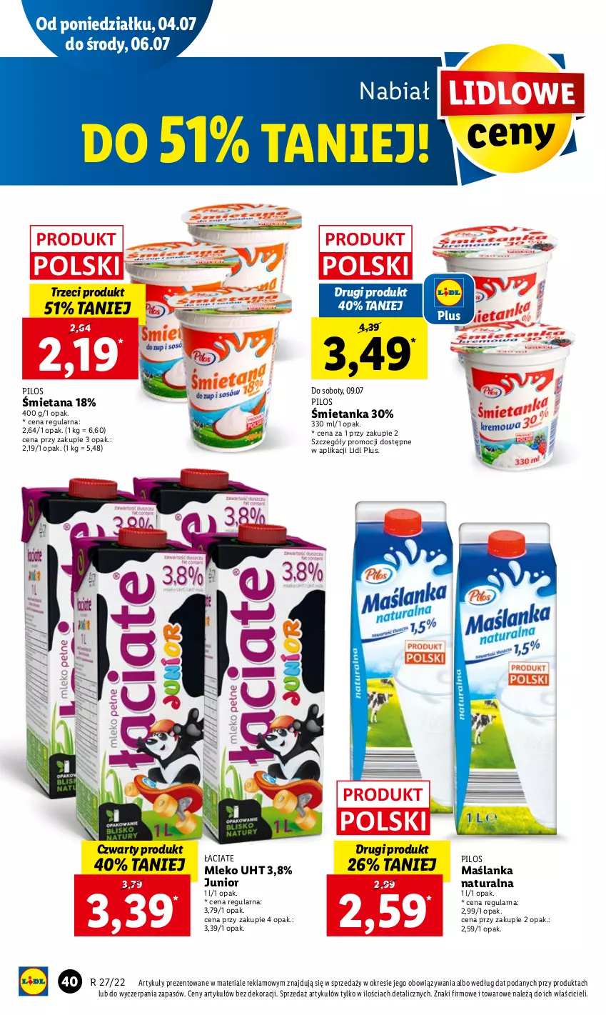 Gazetka promocyjna Lidl - GAZETKA - ważna 04.07 do 06.07.2022 - strona 40 - produkty: Maślanka, Mleko, Pilos