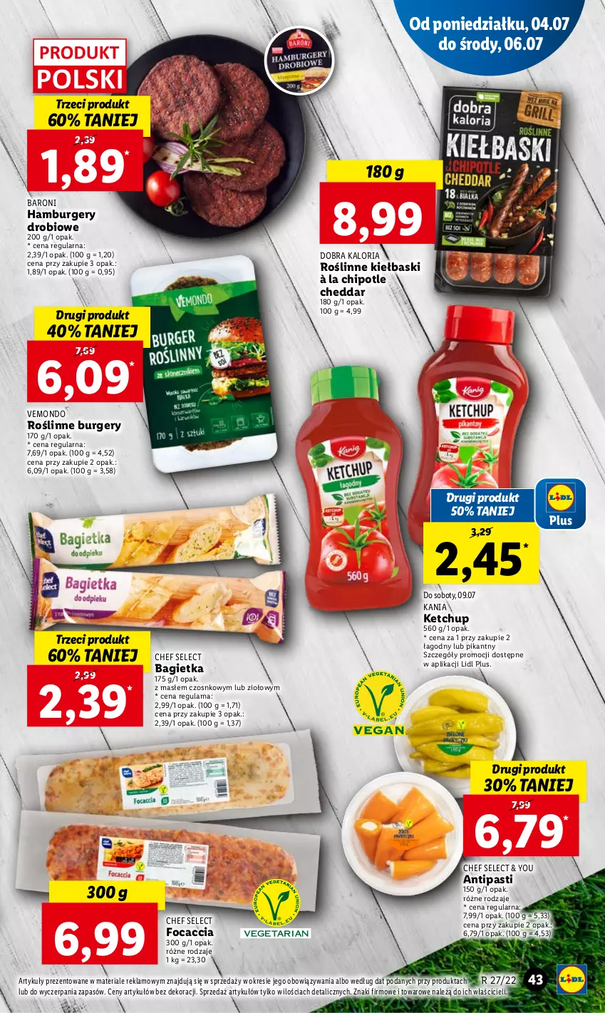 Gazetka promocyjna Lidl - GAZETKA - ważna 04.07 do 06.07.2022 - strona 43 - produkty: Bagietka, Burger, Cheddar, Focaccia, Hamburger, Ketchup, Roślinne kiełbaski